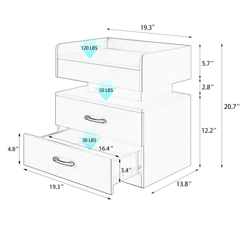 1 Set Nightstand with Adjustable LED Strip Light, 2-drawers, Large Storage Space, Suitable for Bedside Table, Coffee Table, Sofa Side Table or End Table for Study Desk