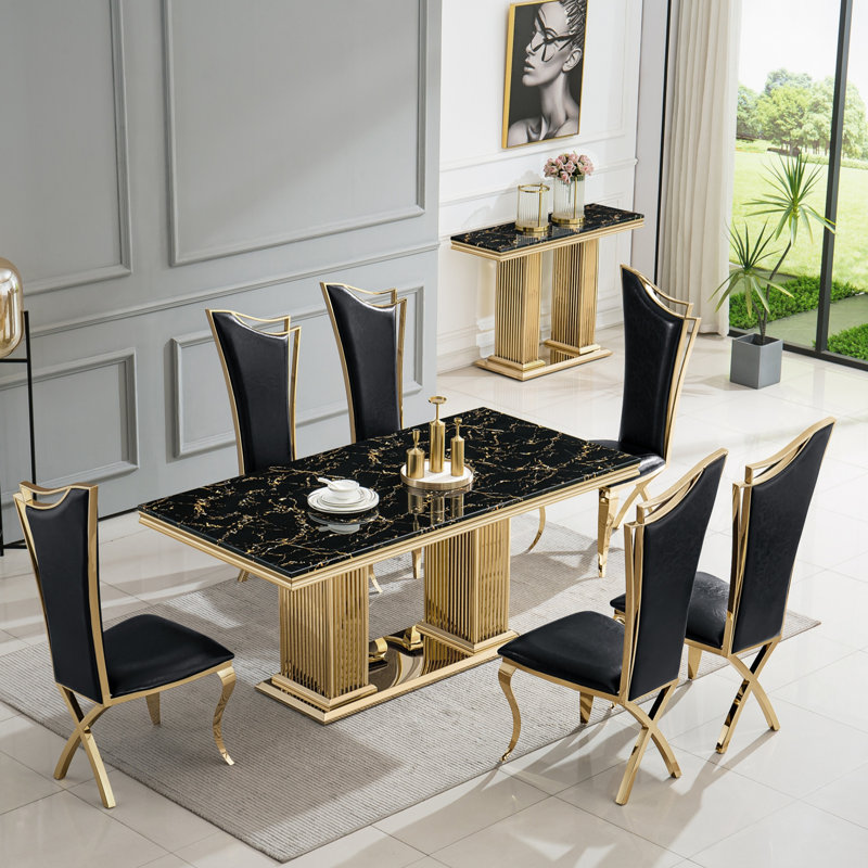 6 - Person Double Pedestal Dining Set, Black, Gold, Black/Gold