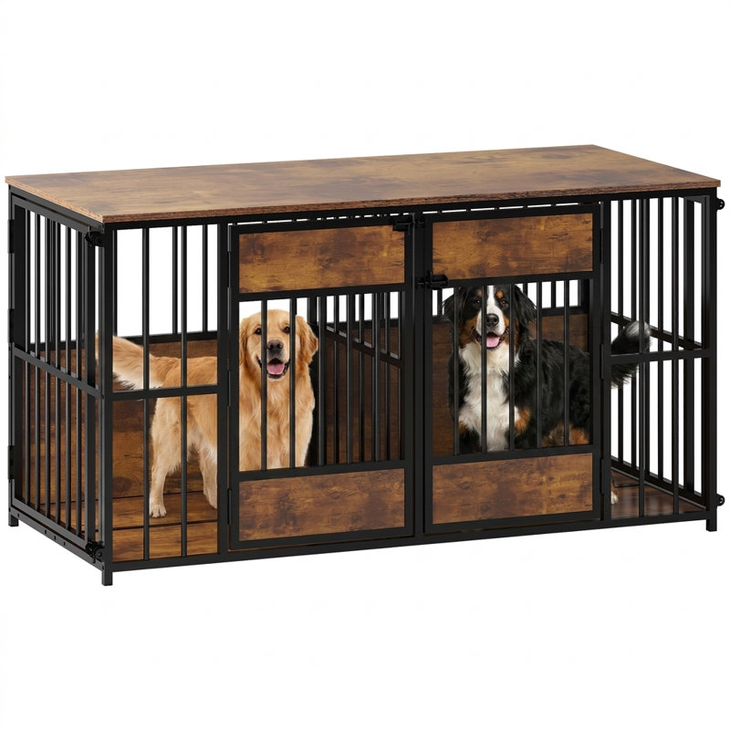 Cage en bois pour chien avec 4 portes et plateau de rangement