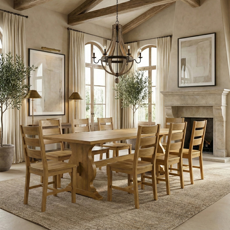 Ensemble de table de salle à manger 70,8 po Almeda, 9 pièces : table, 8 chaises, Bois jaune clair