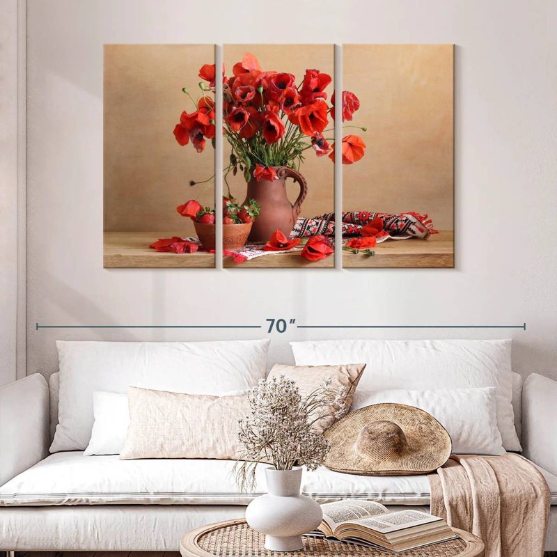 Harnek, coquelicots rouges et fraises, H 32 po x l 50 po