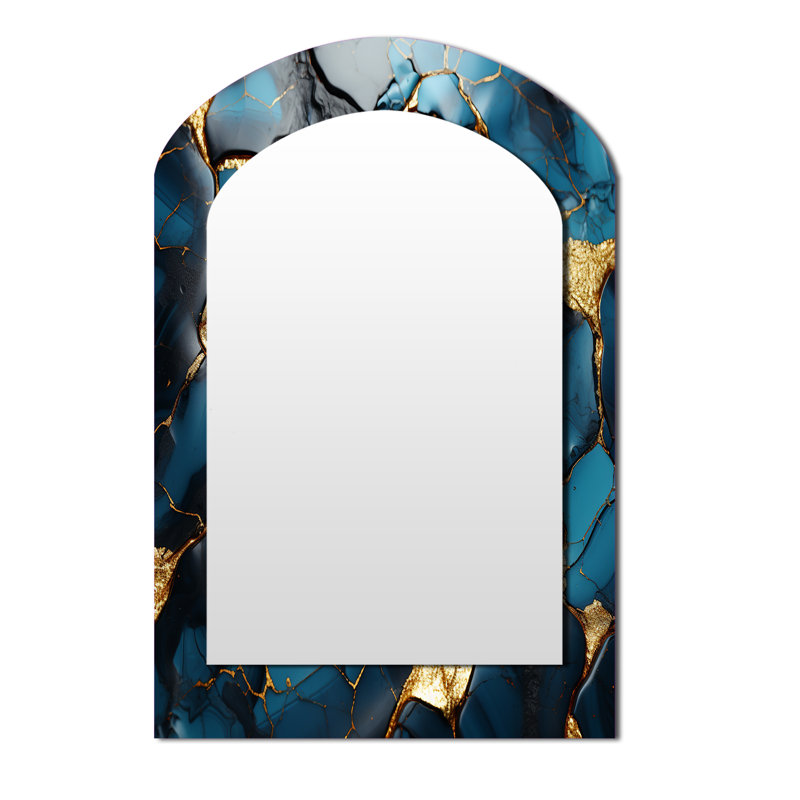 Or et mosaïque de marbre bleu agate II - miroir décoratif à arche abstraite, miroir mural asymétrique moderne, impression d'art en métal