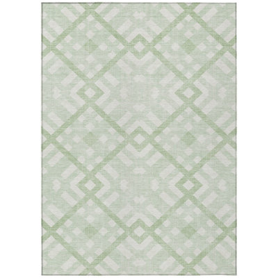 9' X 12' Mint Green And Ivory Geometric Washable Indoor Outdoor Area Rug