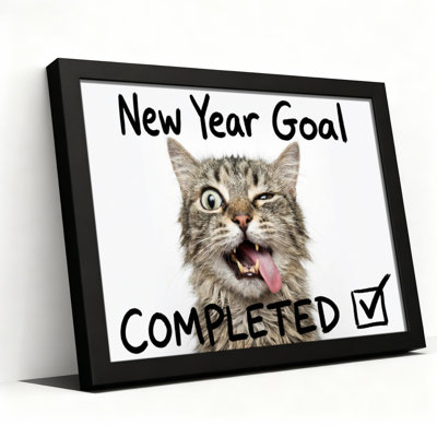 Cat New Year Goal Completed Canvas Wrapped Wall Art Oil Painting Print Set Of 1