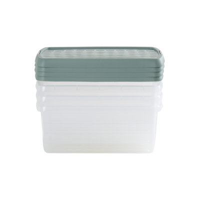 Wham Clip 4x 7L Rectangular Plastic Storage Boxes with Secure Clip Lock Lids. L:39 x W:24 x H:10.5cm Clear/Green Milieu/Stone