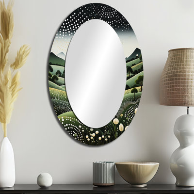 Native Art Sacred Landscape II - Miroir mural moderne vert ovale