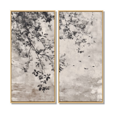 «Black Tree Blooms In A Chinese Ink Landscape», art mural chinois, impression sur toile noire asiatique, 2 pièces