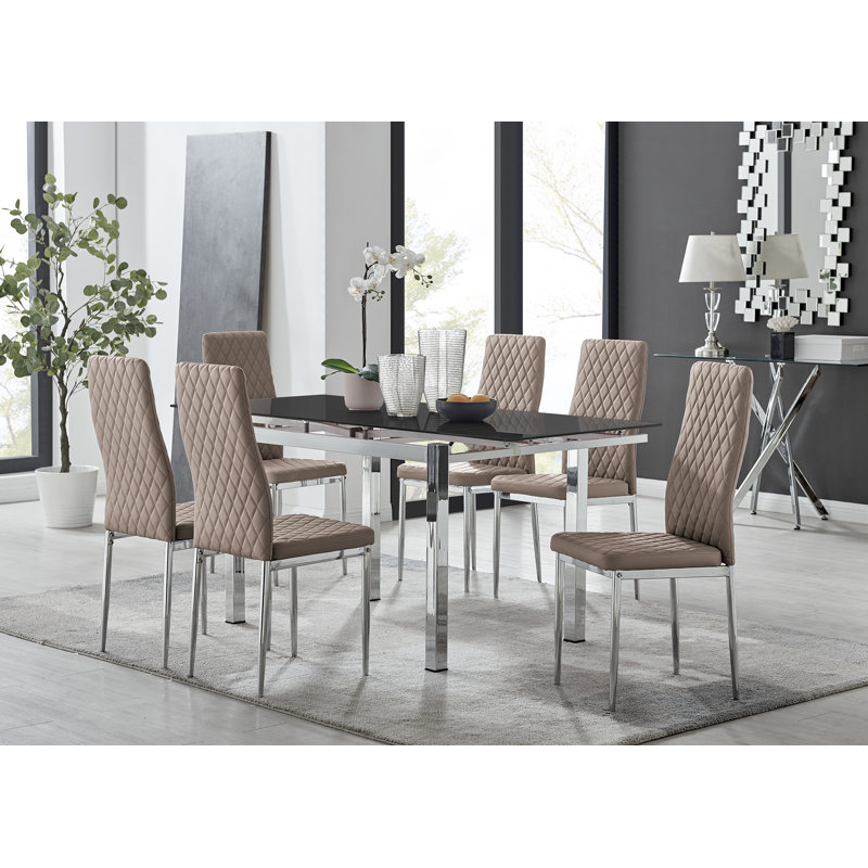 Tierra Modern Glass & Metal Extendable Dining Table Set & 6 Luxury Faux Leather Dining Chairs, Cappuccino/Silver