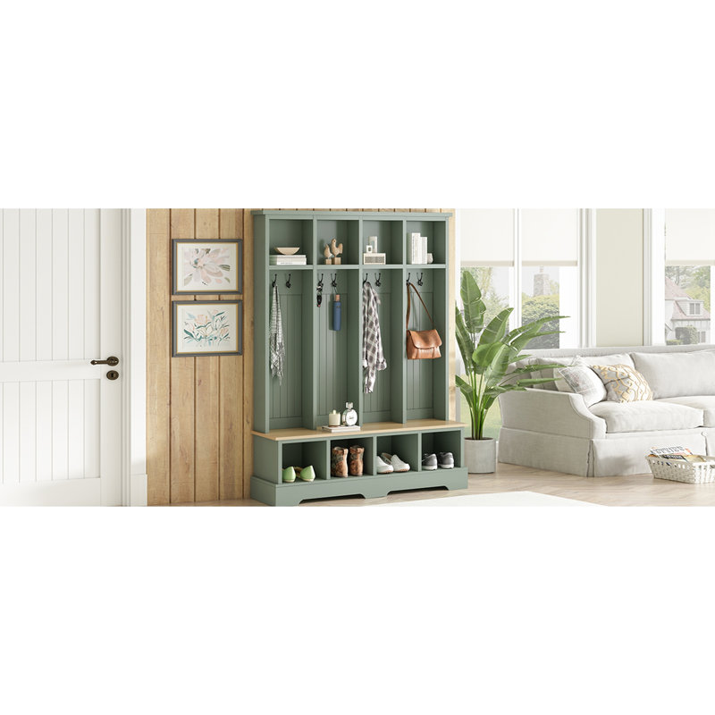 Farmhouse Hall Tree with 8 Hooks, Practical Entryway Bench with Open Compartments, Mint Green
