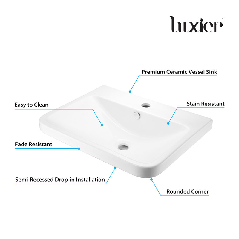 White Ceramic Rectangular Drop-In Bathroom Sink with Overflow
