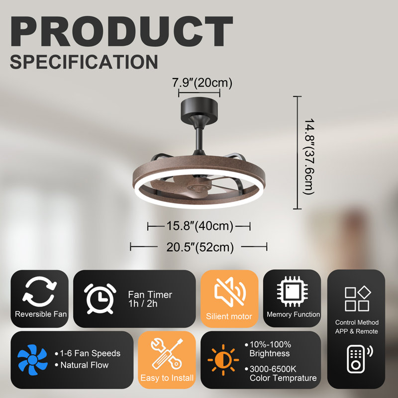 Ventilateur de plafond Fandelier 20,5 po brun rustique avec lumières, télécommande et contrôle par application, moteur CC silencieux réversible à 6 vitesses, lumière DEL à intensité variable à 3 couleurs, ventilateur de plafond moderne pour chambre à coucher ou salon
