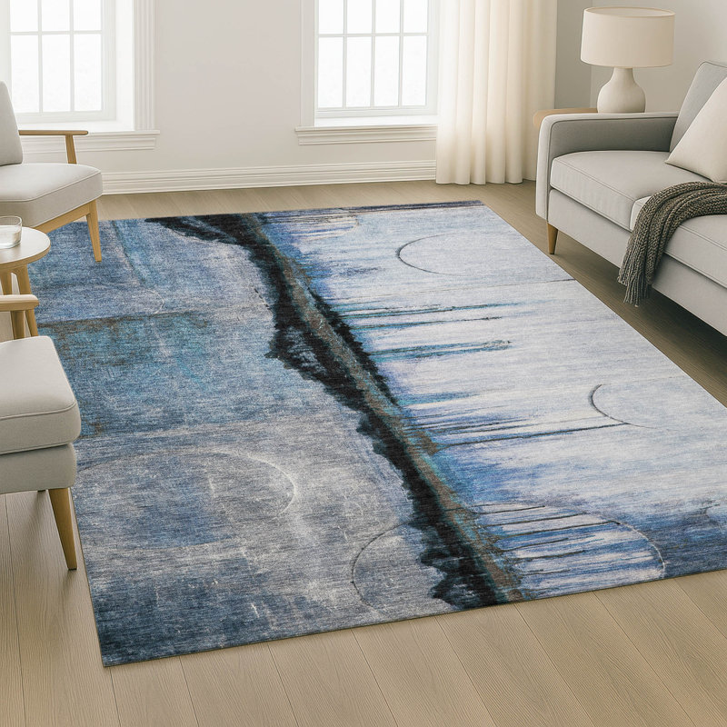 Premium Machine Washable Mayfield Abstract Rug, Blue, 10' x 14'