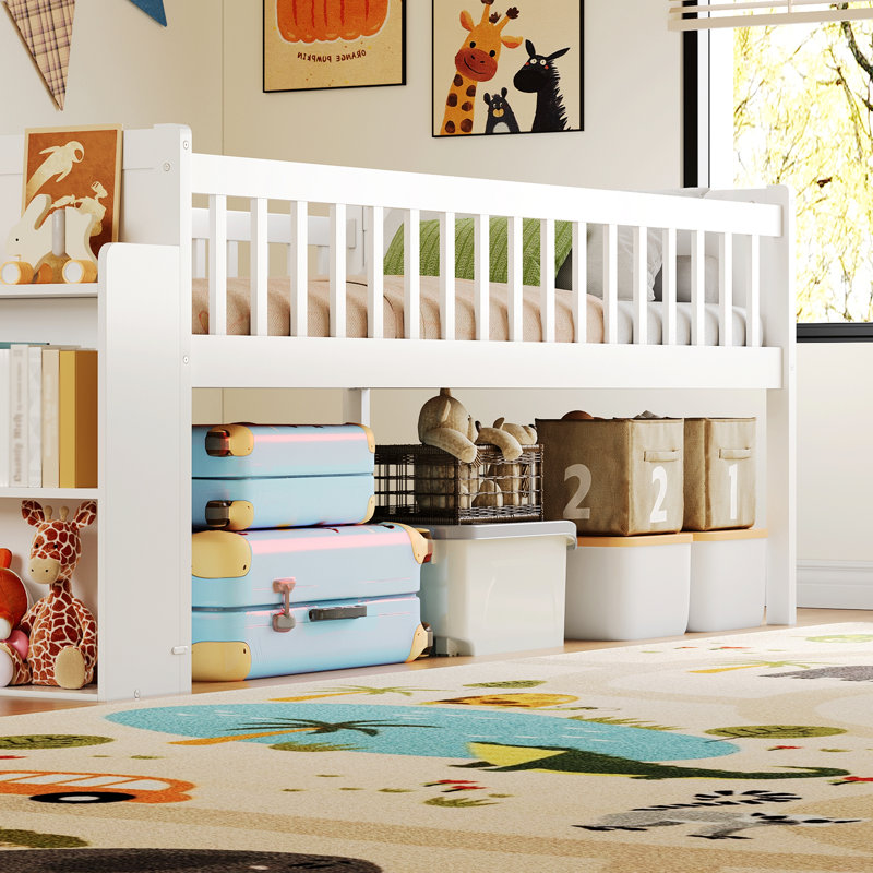 Bed Frame With Storage Shelf, Wooden Bed With Slide And Ladder, Guardrail, White