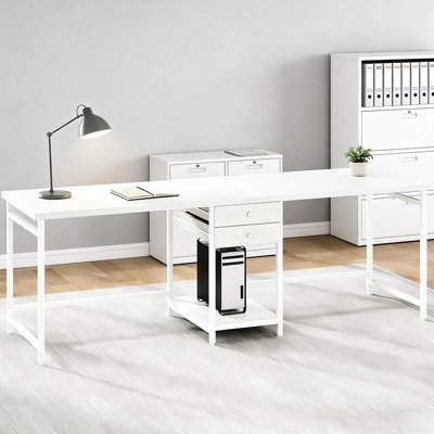 Bureau d'ordinateur avec poste de travail double, deux tiroirs pour l'organisation, crochets en fer, plateau de table imperméable, très grand travail de style contemporain idéal, tiroirs, tablette ouverte, surface de travail,