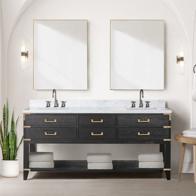 72 po L x P 22 po. Meuble-lavabo double en chêne noir, comptoir en marbre, robinet et 34 miroirs, scellés à la main pour un meuble-lavabo de qualité supérieure, poli
