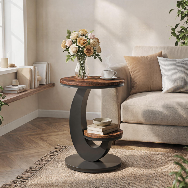 Round End Table with Storage, Brown