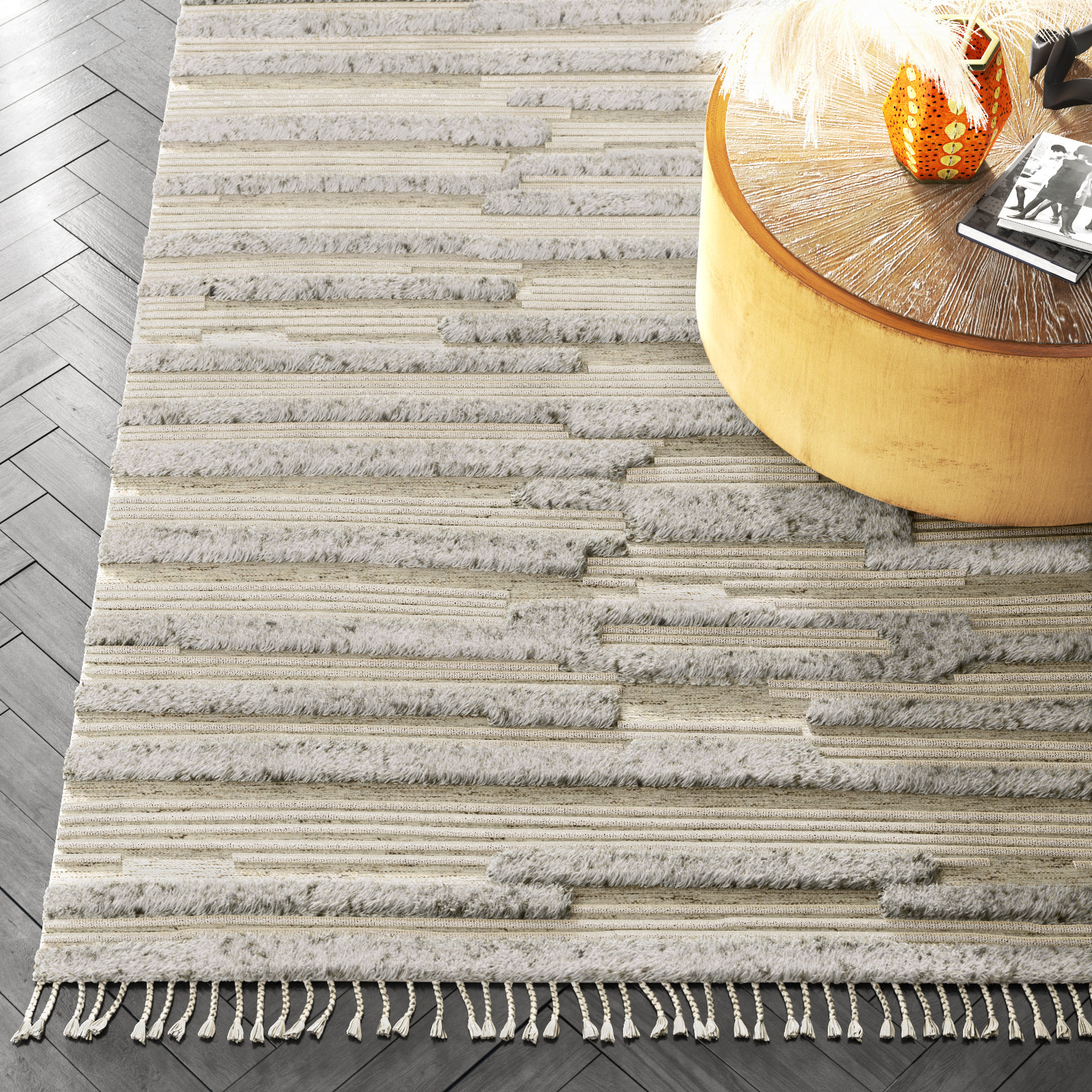 Timi Light Beige Gray Hand-Knotted Wool Rug, Rectangle 6' x 9'