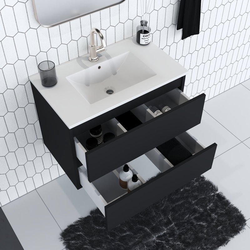 Salt 30'' Single Bathroom Vanity with Ceramic Top, Glossy Black