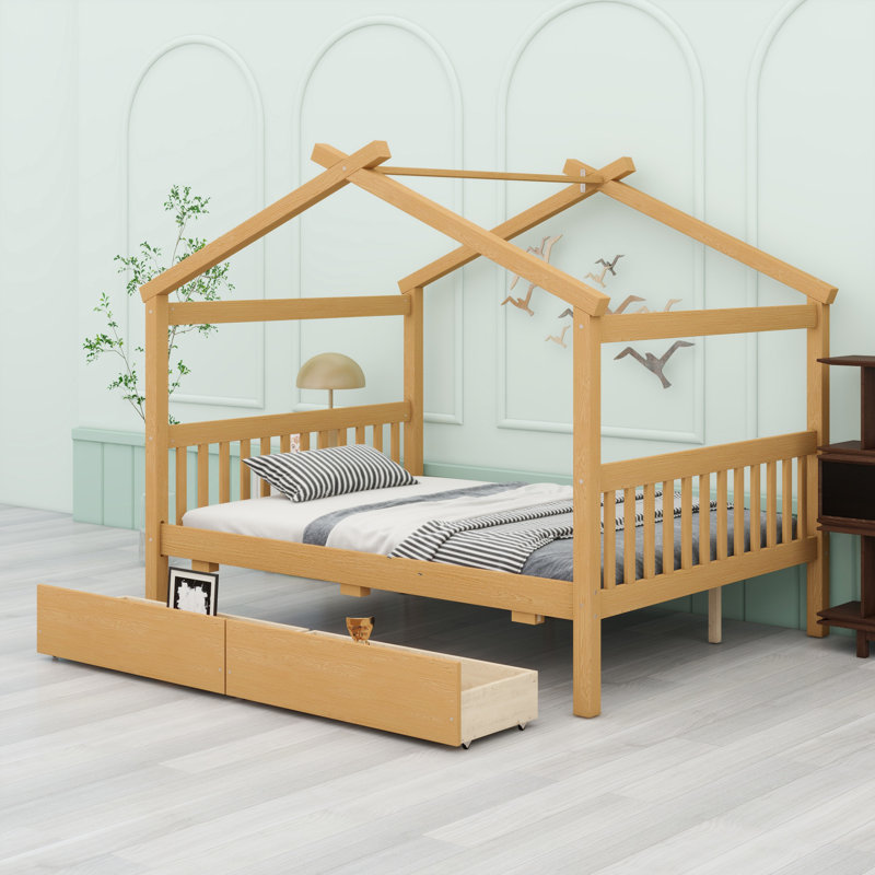 Lit de rangement double en bois avec tiroirs Neetu