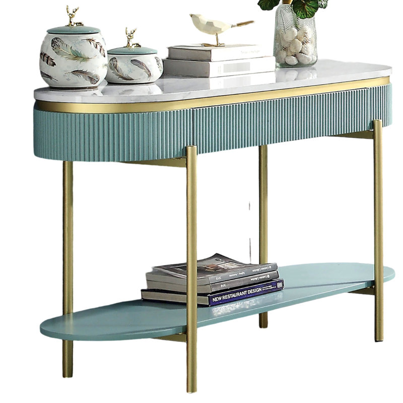 Console moderne en bleu sarcelle avec plan de travail en faux marbre blanc et tiroir