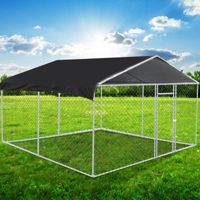 Outdoor Metal Dog Kennel, Anti-Rust Dog Kennel Outside with Roof, Galvanized Chain Link Dog Runs for Outside with Waterproof UV-Resistant Cover and Secure Lock