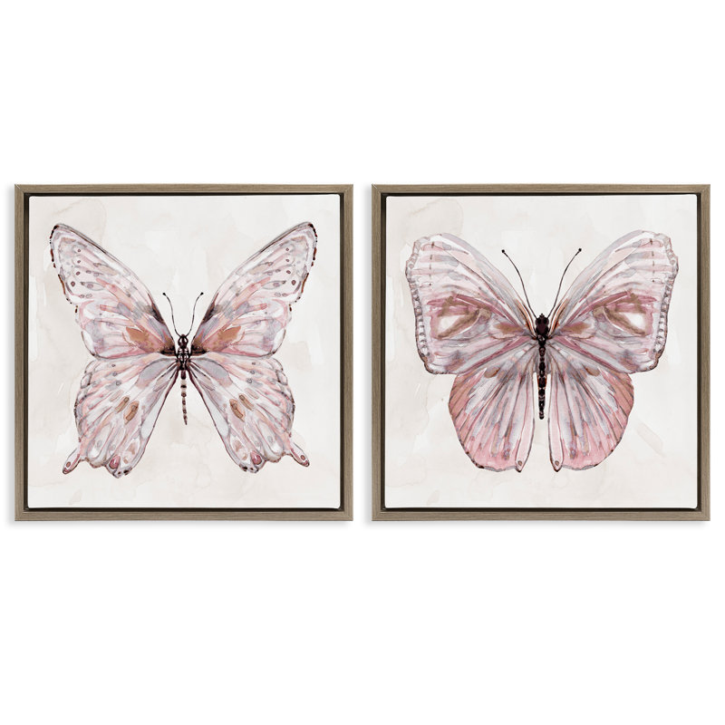 «Unique Butterflies in Mute Pinks», ensemble de 2 toiles flottantes encadrées, design par Carol Robinson, H 18 po x l 18 po