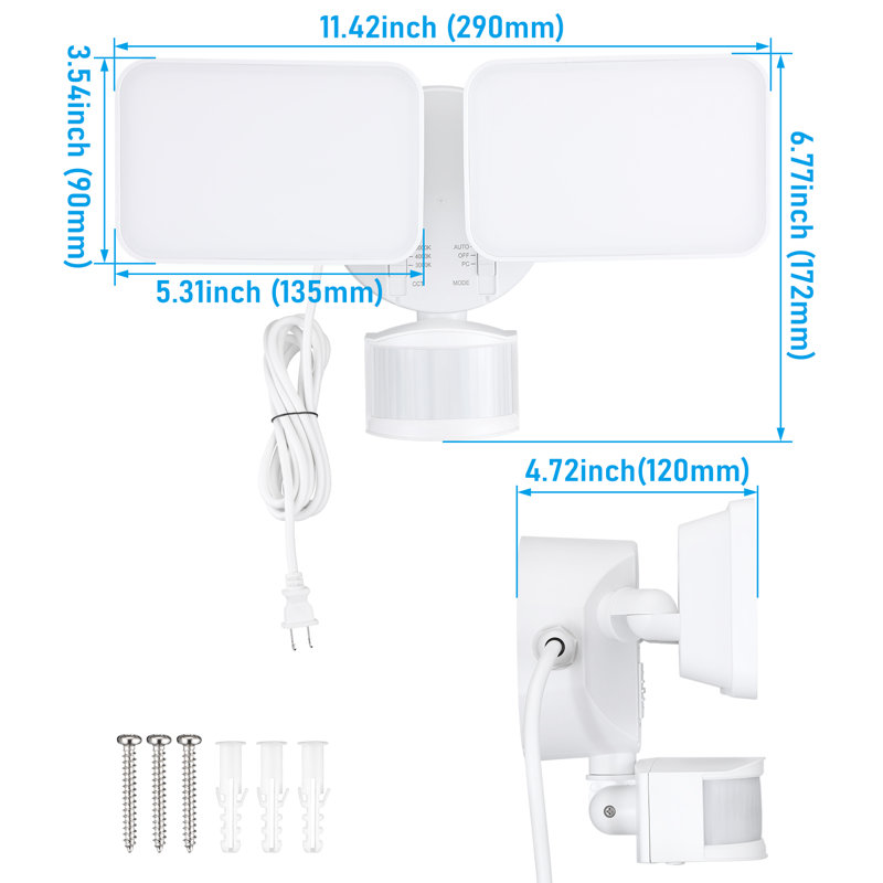 Éclairage de sécurité 25 W à 3 têtes à double culot, capteur de mouvement et crépuscule à l'aube, blanc, Blanc