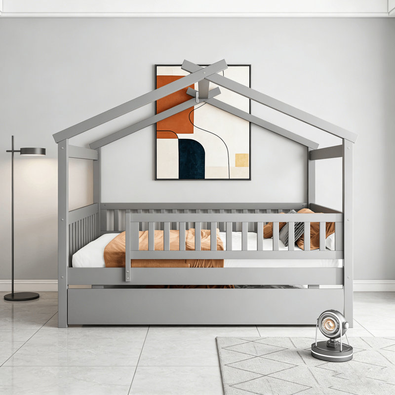 Lit de style maison avec lit gigogne intégré, Gris, Lit double