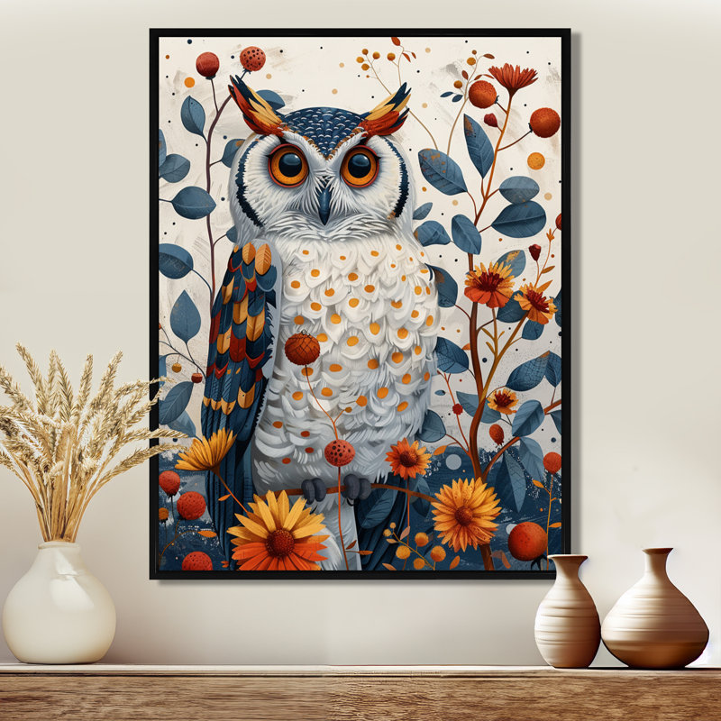 Nobel, hibou en fleurs, fleurs orange, H 20 po x l 12 po x P 1 po, Toile avec cadre flottant noir