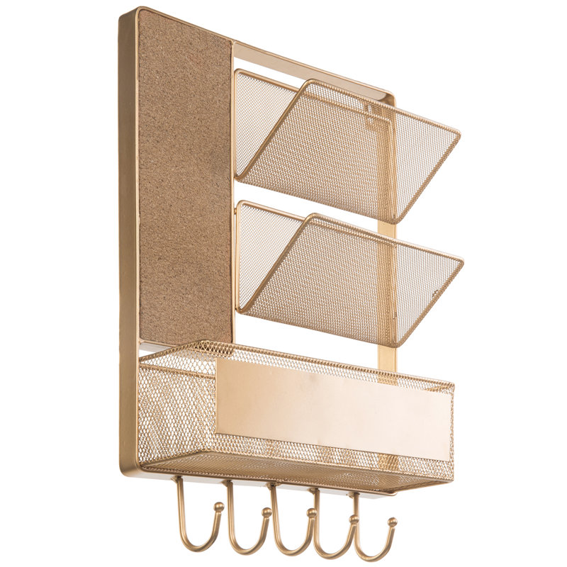 Wall Mail Organiser With Key Hooks, Wall Baskets and Mail Storage, Gold