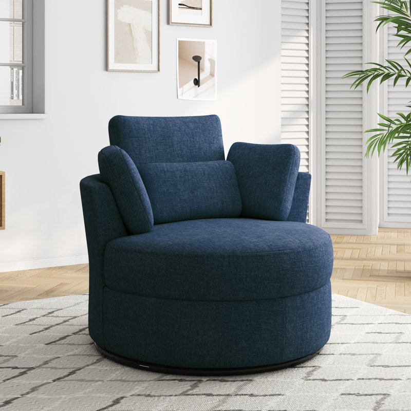 Niama Upholstered Swivel Lounge Armchair With Pillows, Navy Blue Polyester Blend/Polyester