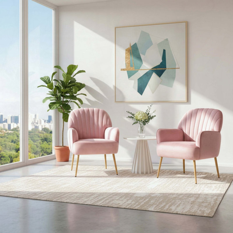 Chaise d'appoint en velours coquillage - Pieds en métal - Rose, Rose