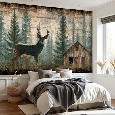 Peel and Stick Wallpaper Wildlife Deer Farmhouse Cabin Rustic Barn Hunting Animals Majestic Wall Murals 69"H x 96"W Removable PVC Wall Paper Self-Adhesive Wall Decor for Bedroom Living Room Dining Room