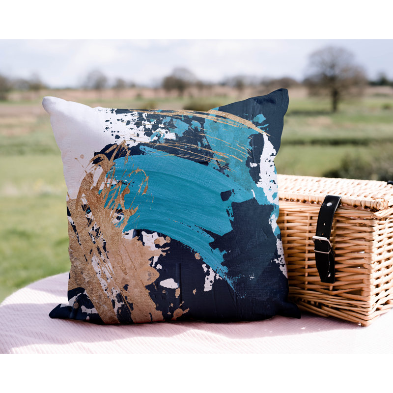 Wintta Abstract Outdoor Reversible Throw Pillow, 15W" x 15H", Turquoise/Navy Blue/Gold