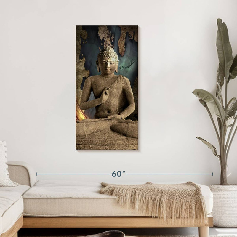 Ancienne impression sur toile Bouddha en pierre, H 42 po x l 21 po x P 1,25 po