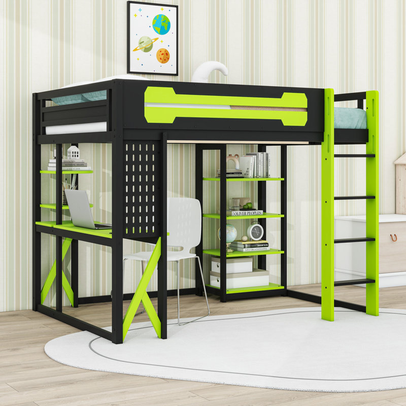Full Wood Loft Bed with Desk, RGB LED Lights and Shelves, Black/Green