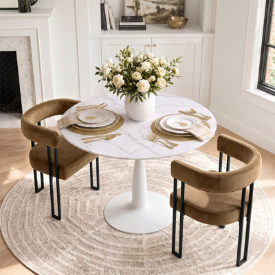 Ensemble de table de salle à manger pour 2 personnes avec table ronde et 2 fauteuils rembourrés en velours