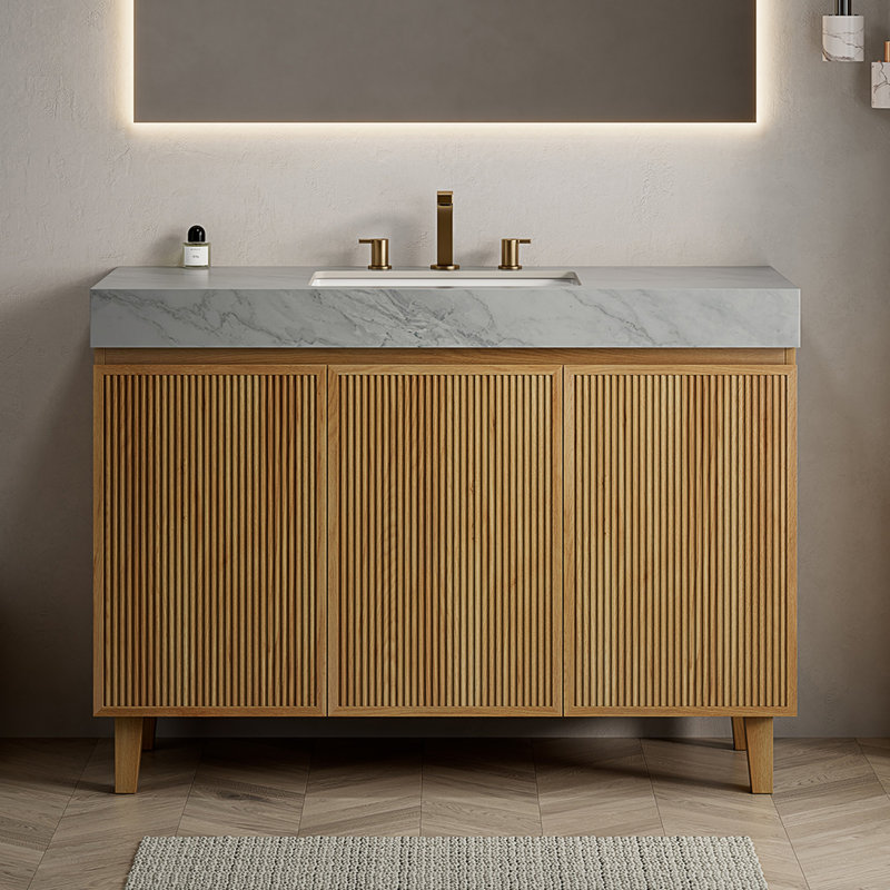 Meuble-lavabo sur pied de 122 cm avec lavabo, comptoir en pierre frittée veinée gris Carrara, aspect bois naturel., L 48 po