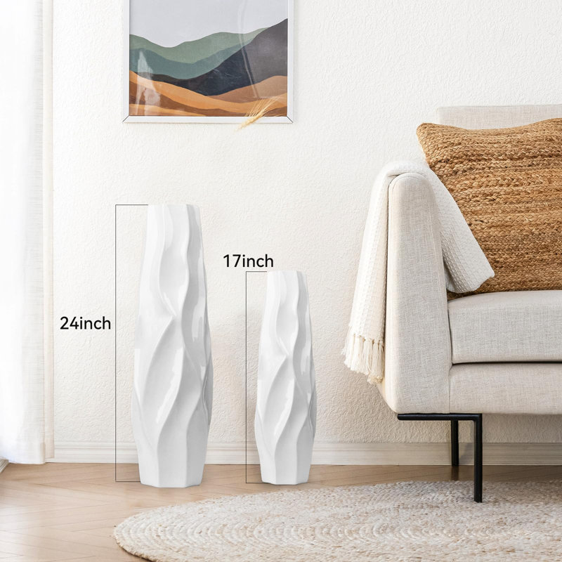 Ripple White Ceramic Tall Floor Vase - 24" Large Modern Minimalist Flower Vase For Home Decor