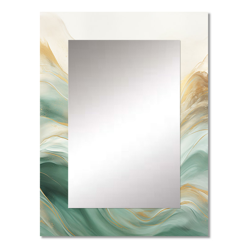 Gold And Green Soft Wave Fusion I - Abstract Shapes Unique Wall Mirror Decor, Beige Large Mirror, Printed Metal Art