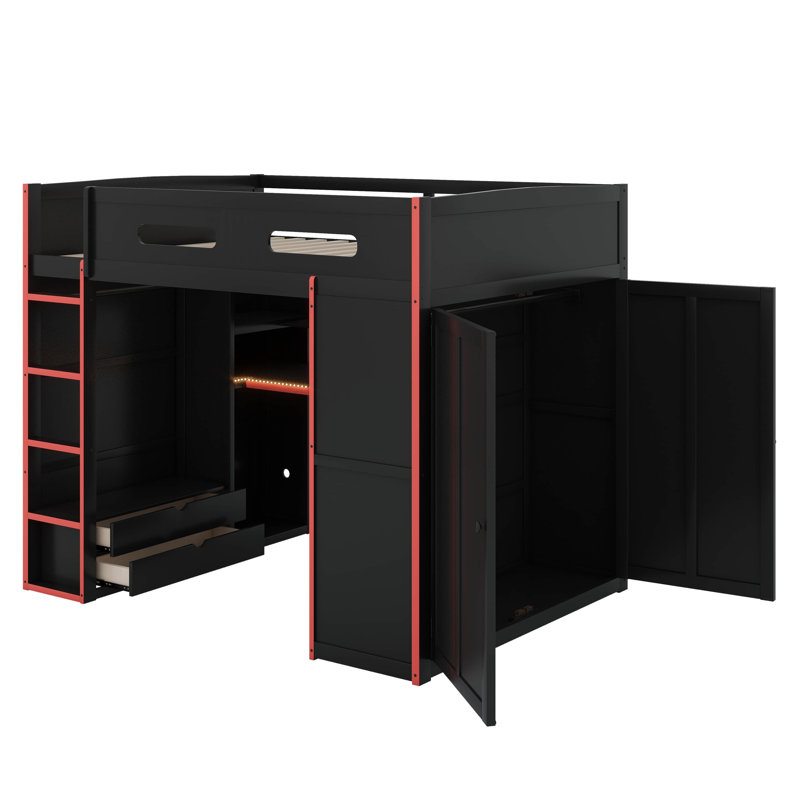 Full Size Wood Loft Bed With Desk,Wardrobe,Ample Storage Space,And RGB LED Light, Red