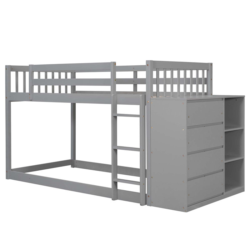 Lit superposé avec 4 tiroirs et 3 tablettes, gris, Simple sur simple