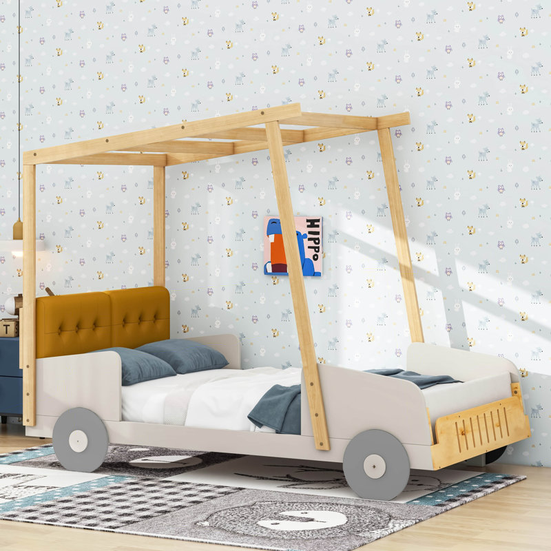 Lit voiture en bois avec coussin, toile de plafond et DEL, Lit simple