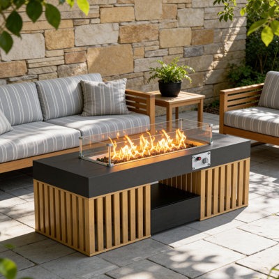 Table foyer au propane de 47 po Laurean avec structure en métal et foyer à gaz 2 tiroirs avec tablette de rangement ouverte et pieds réglables pour terrasse