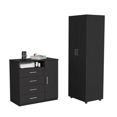 2 Piece Bedroom Set, Armoire + 4 Drawer Dresser, Black