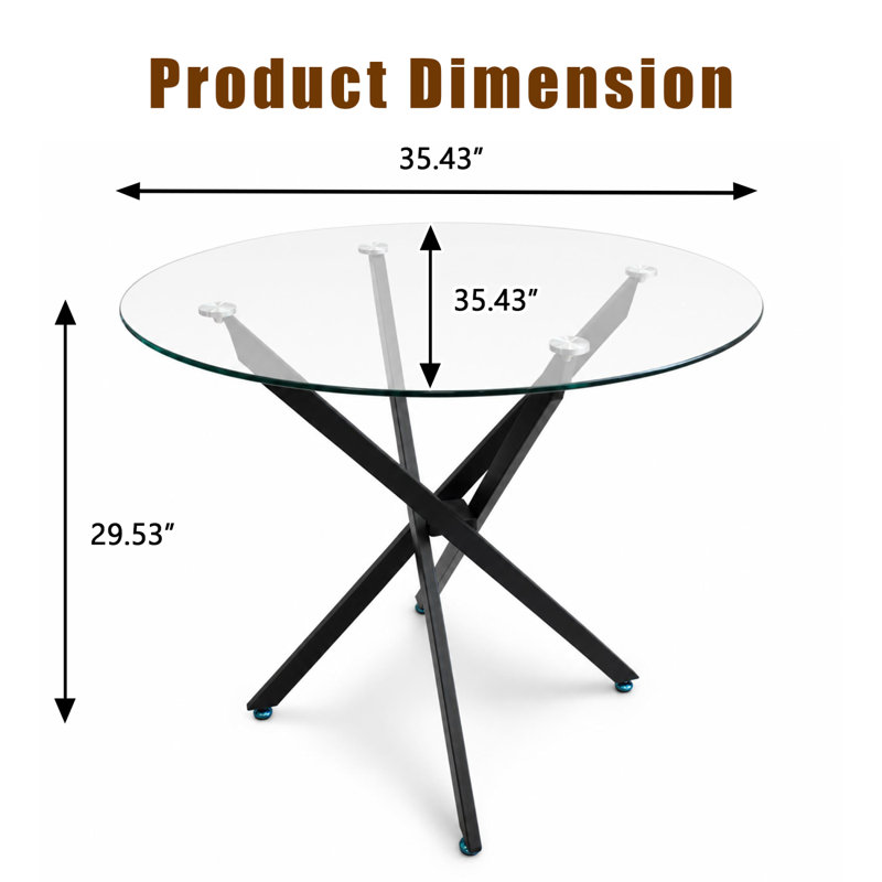 Table de salle à manger ronde moderne en verre trempé avec piètement en X en métal