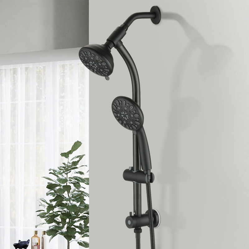 Drillfree Stainless Steel Slide Bar Combo Rain Showerhead 7Setting Hand, Dual Shower Head Spa System, Matte Black