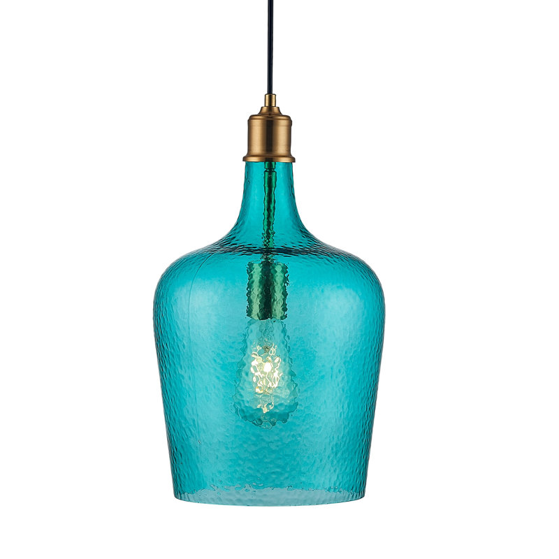 Luminaire suspendu 1 lumière avec globe en verre bleu et finition dorée 