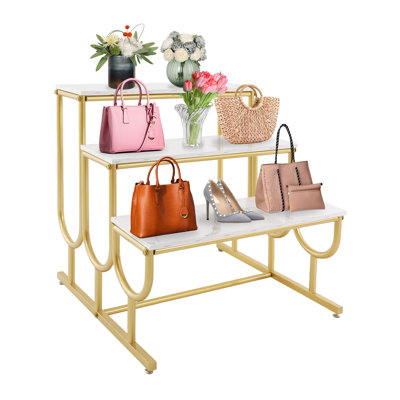 31.5" 3-Tier Stepped Retail Display Stand, White Faux Marble and Gold Metal Boutique Shoe Rack