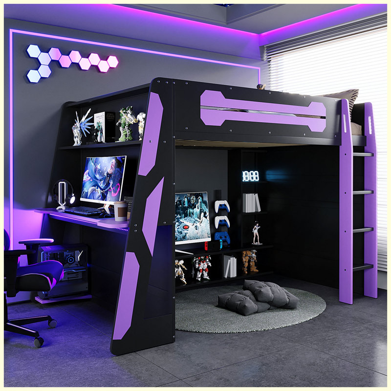 Lit mezzanine double en bois avec bureau, tablettes multi-rangements et lumière RVB, mauve